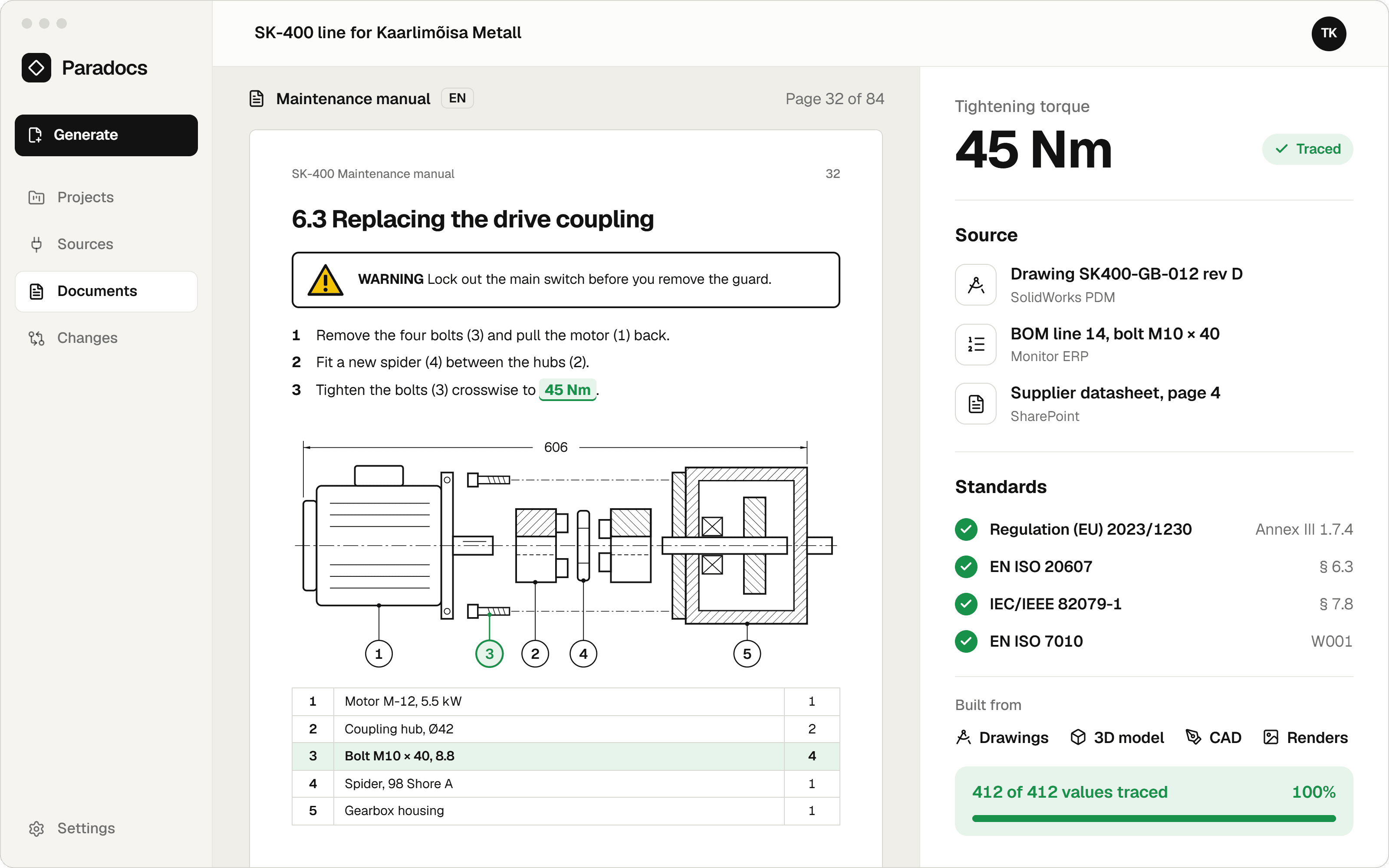Maintenance manual page 32, section 6.3 Replacing the drive coupling, with 45 Nm highlighted. The trace panel shows it came from drawing SK400-GB-012 rev D in SolidWorks PDM, BOM line 14 in Monitor ERP and the supplier datasheet in SharePoint, checked against Regulation (EU) 2023/1230, EN ISO 20607, IEC/IEEE 82079-1 and EN ISO 7010; 412 of 412 values traced.